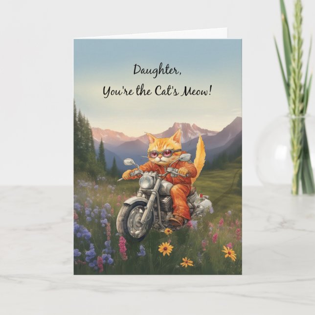 Birthday Daughter Cat on Motorcycle with Mountains Card (Front)