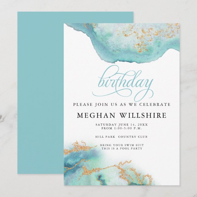 Birthday December Turquoise Blue  Watercolor Geode Invitation (Front/Back)
