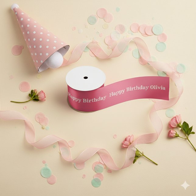 Birthday Deep Pink Girl Happy Birthday Satin Ribbon (Creator Uploaded)