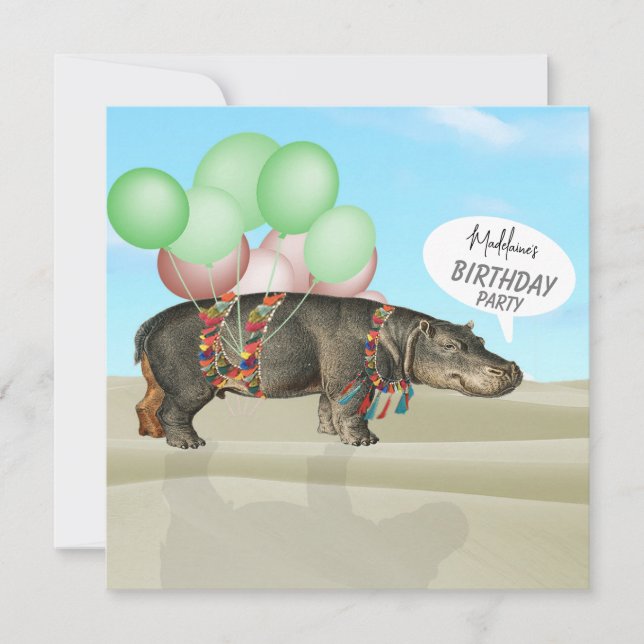 Birthday Desert Fun Hippo Balloons Colourful  Invitation (Front)