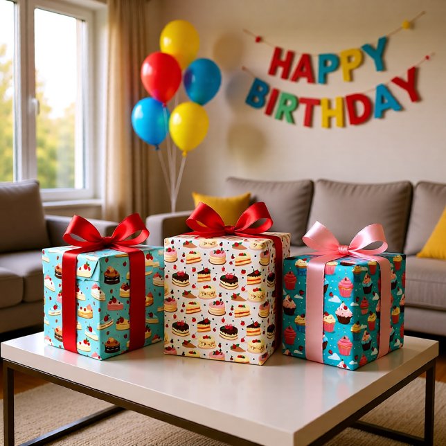 Birthday desserts set of 3 wrapping paper sheet (Sweet Cupcake & Cake Birthday Dessert Gift Wrapping Paper Sheets)