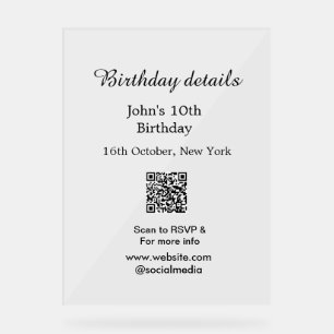 Birthday details 10th birthday scan QR websiteRSVP Acrylic Sign