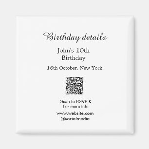 Birthday details 10th birthday scan QR websiteRSVP Magnet