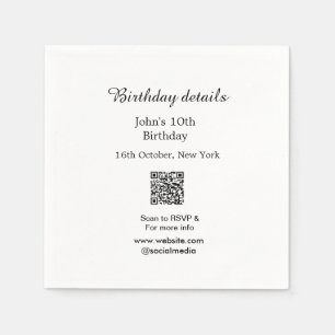 Birthday details 10th birthday scan QR websiteRSVP Napkin