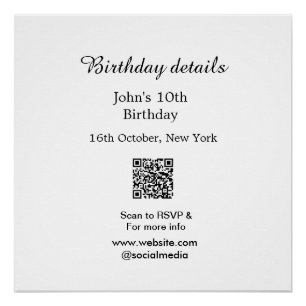 Birthday details 10th birthday scan QR websiteRSVP Poster
