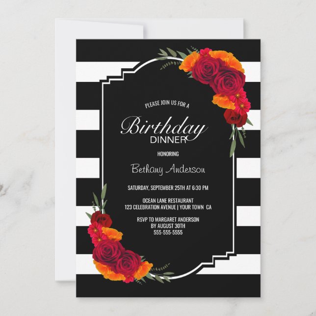 Birthday Dinner Black White Striped Floral Invitation (Front)
