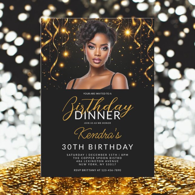 Birthday Dinner Gold and Black Photo Instagram  Invitation (Creator Uploaded)