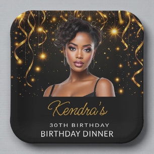 Birthday Dinner Gold and Black Photo Instagram Paper Plate