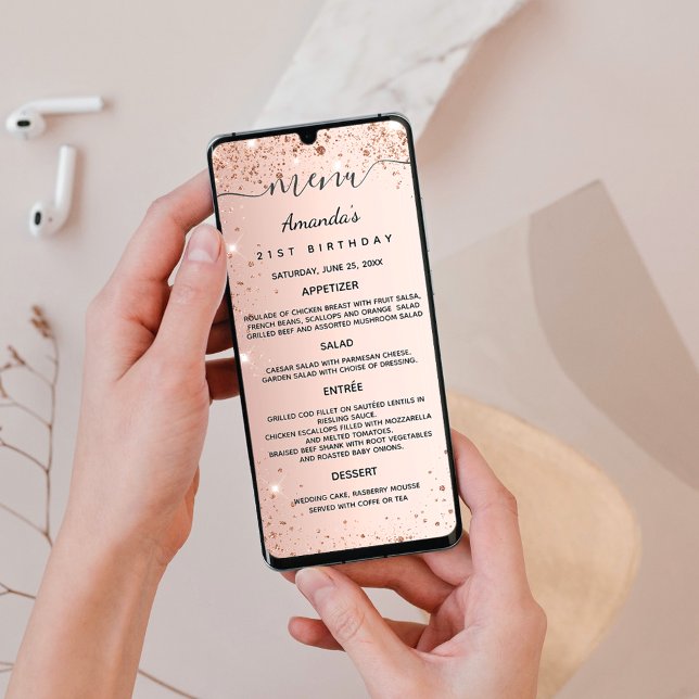 Birthday dinner menu rose gold sparkles card (Creator Uploaded)