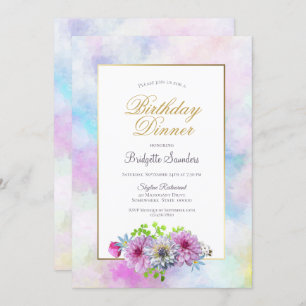 Birthday Dinner Party Blue Pink Floral Pastel Invitation