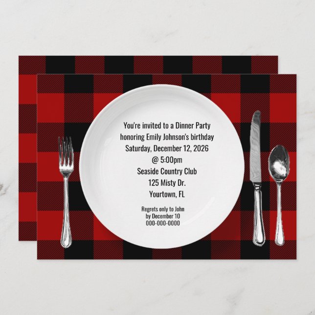 Birthday Dinner Party Buffalo Plaid Invitation (Front/Back)