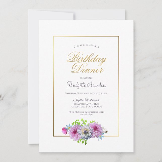 Birthday Dinner Pink Blue Floral Gold Border Party Invitation (Front)