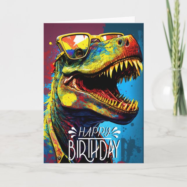 Birthday Dinosaur Cool Blue kids  Card (Front)