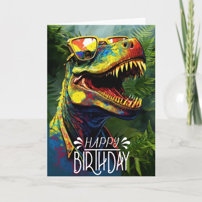 Birthday Dinosaur Jungle Cool Blue kids  Card (Front)
