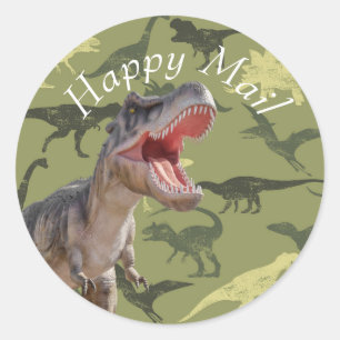 Birthday Dinosaur Pattern Jurassic  Happy Mail Classic Round Sticker