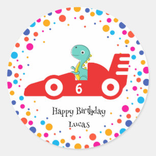 Birthday Dinosaur race car boy red racing kid name Classic Round Sticker