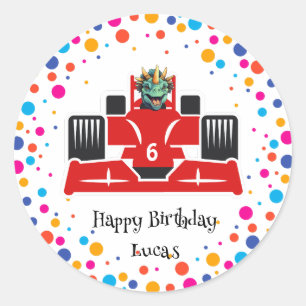 Birthday Dinosaur race car boy red racing kid name Classic Round Sticker