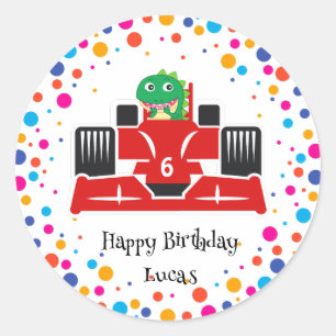 Birthday Dinosaur race car boy red racing kid name Classic Round Sticker