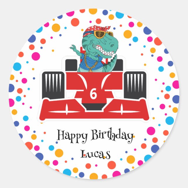 Birthday Dinosaur race car boy red racing kid name Classic Round Sticker (Front)