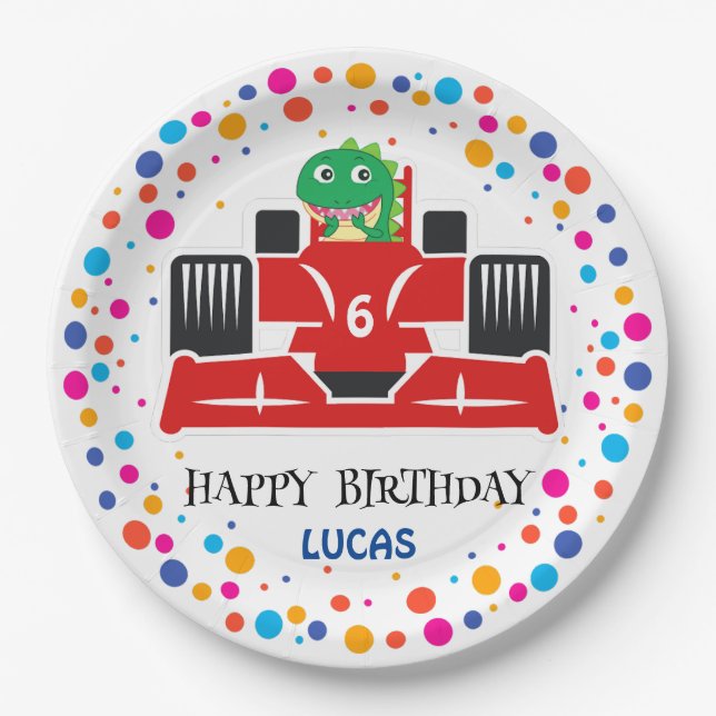 Birthday Dinosaur race car boy red racing kid name Paper Plate (Front)