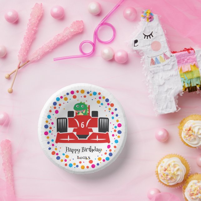 Birthday Dinosaur race car boy red racing kid name Paper Plate (Party)