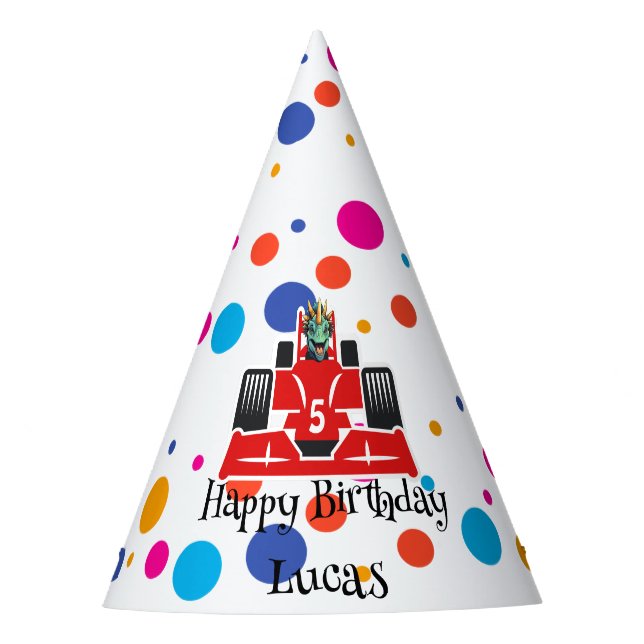 Birthday Dinosaur race car boy red racing kid name Party Hat (Front)