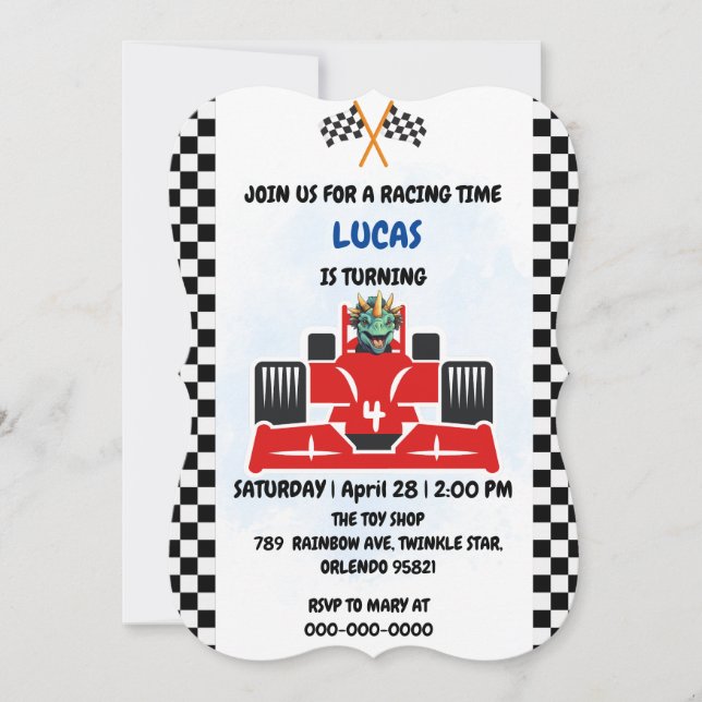 Birthday Dinosaur race car boy red racing kids nam Invitation (Front)