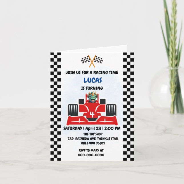 Birthday Dinosaur race car boy red racing kids nam Invitation (Front)