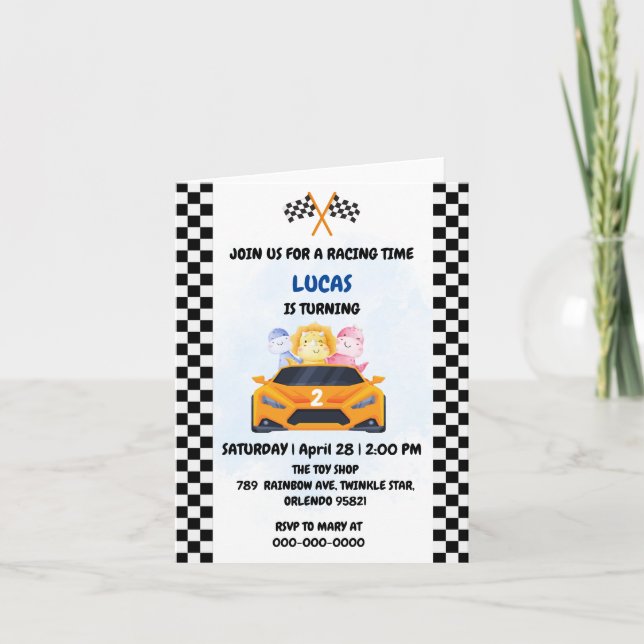 Birthday Dinosaur race car boy red racing kids nam Invitation (Front)