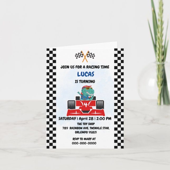 Birthday Dinosaur race car boy red racing kids nam Invitation (Front)