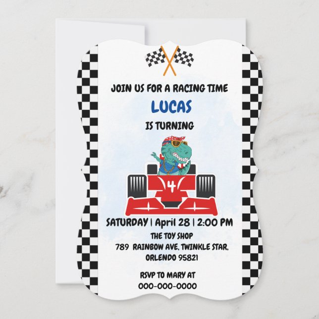 Birthday Dinosaur race car boy red racing kids nam Invitation (Front)
