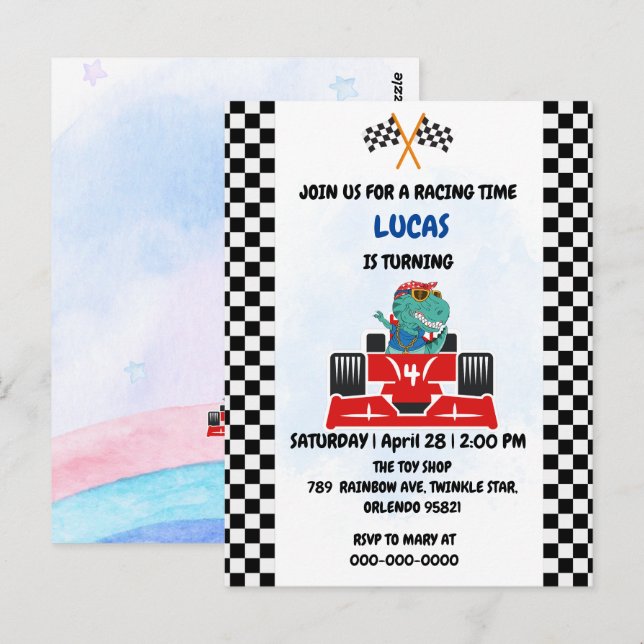 Birthday Dinosaur race car boy red racing kids nam Postcard (Front/Back)