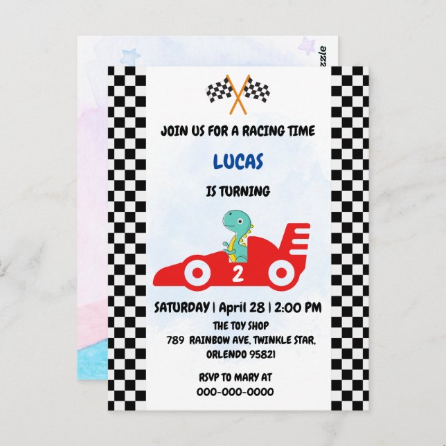 Birthday Dinosaur race car boy red racing kids nam Postcard (Front/Back)