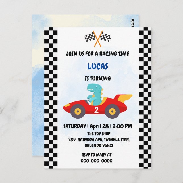 Birthday Dinosaur race car boy red racing kids nam Postcard (Front/Back)