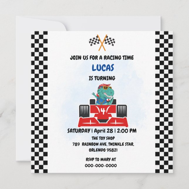 Birthday Dinosaur race car boy red racing kids nam Thank You Card (Front)