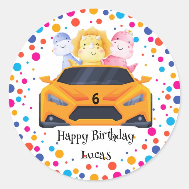 Birthday Dinosaur race car boy yellow racing kid Classic Round Sticker (Front)