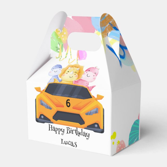 Birthday Dinosaur race car boy yellow racing kid Favour Box (Front Side)