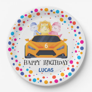 Birthday Dinosaur race car boy yellow racing kid  Paper Plate