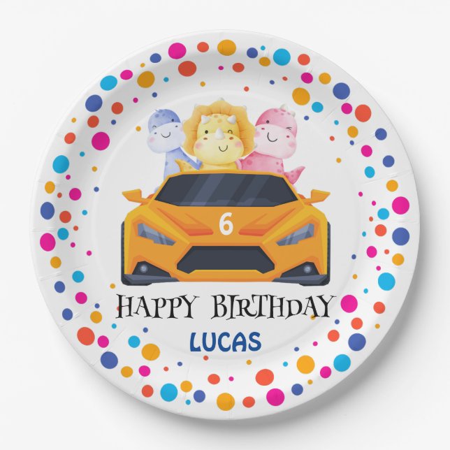 Birthday Dinosaur race car boy yellow racing kid  Paper Plate (Front)
