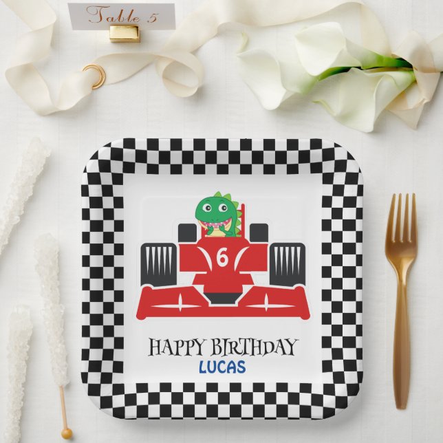 Birthday Dinosaur race car red boy kid name Paper Plate (Wedding)