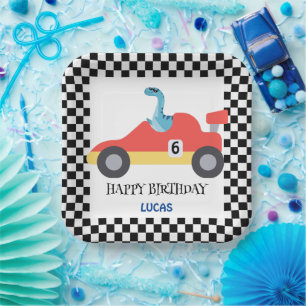 Birthday Dinosaur race car red boy kid name Paper Plate