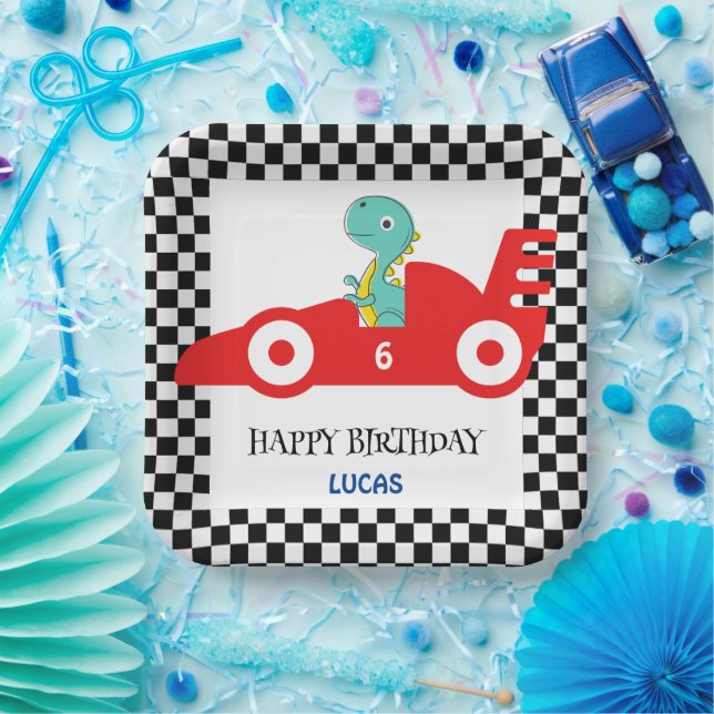Birthday Dinosaur race car red boy kid name Paper Plate (Party)