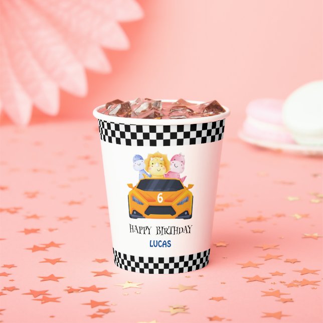 Birthday Dinosaur race car yellow boy kid name Paper Cups (Insitu)