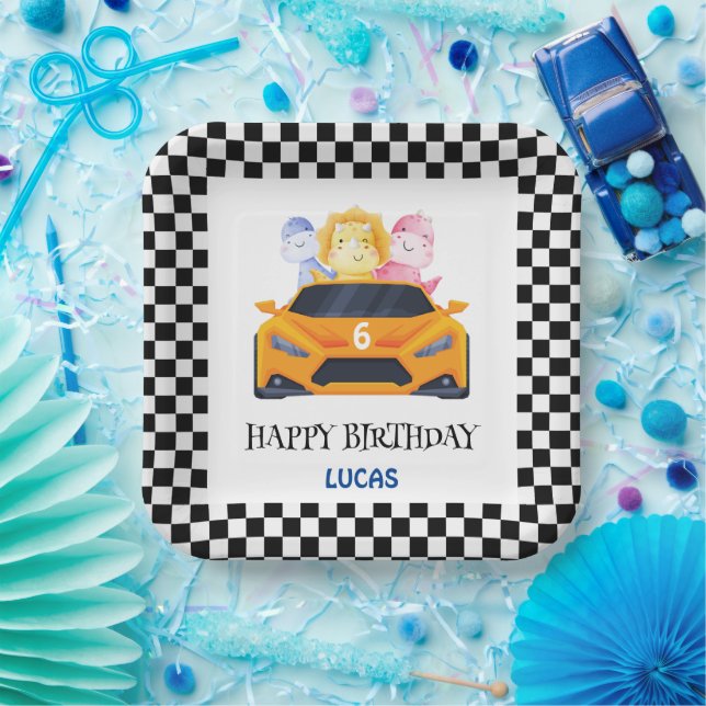 Birthday Dinosaur race car yellow boy kid name Paper Plate (Party)