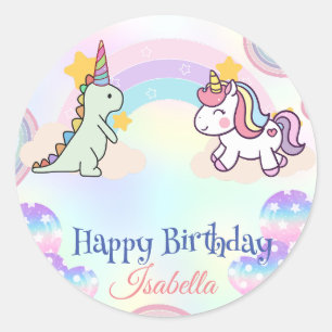Birthday dinosaur rainbow unicorn Party for Girl Classic Round Sticker