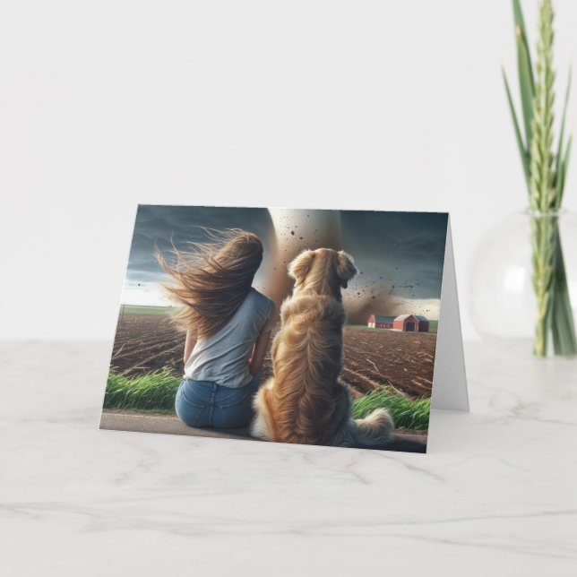 Birthday Dog and Woman Watching a Tornado Card (Front)