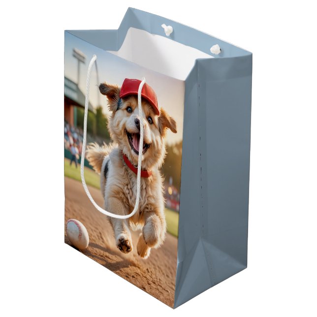 Birthday Dog Running With a Baseball Cap Medium Gift Bag (Front Angled)