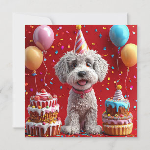 Birthday dog with cake and balloons invitation