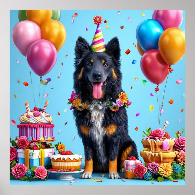 Birthday dog with cake and balloons poster (Front)
