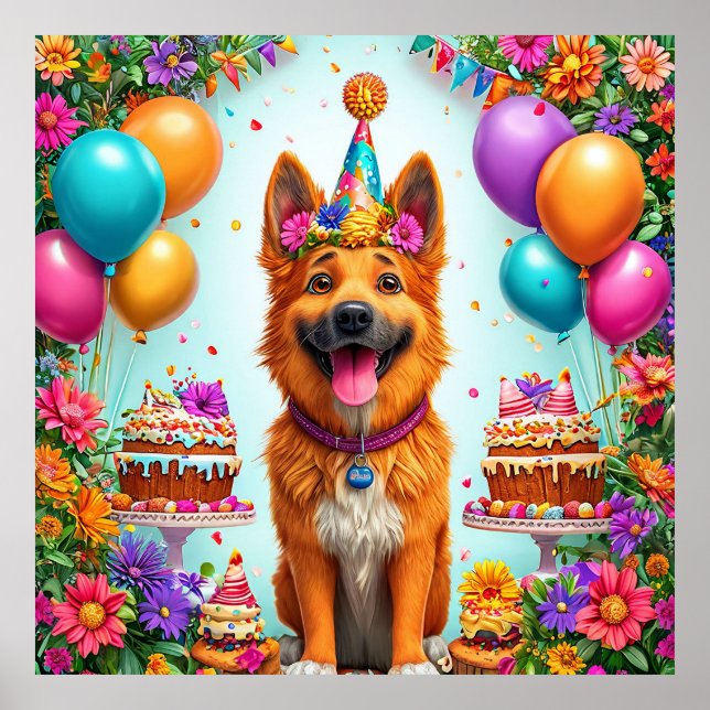Birthday dog with cake and balloons poster (Front)